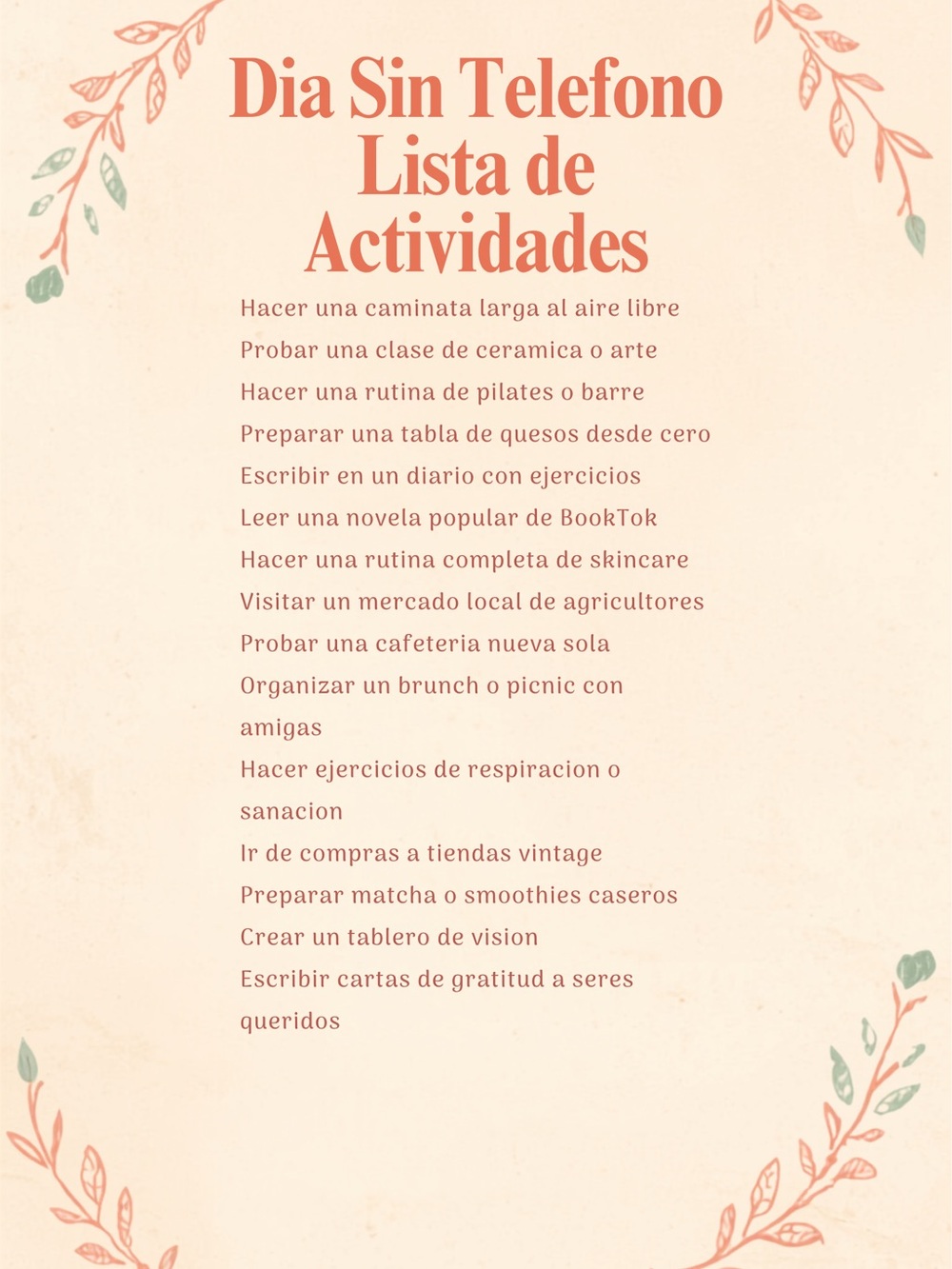 Día Sin Teléfono Lista de Actividades - Print Digital